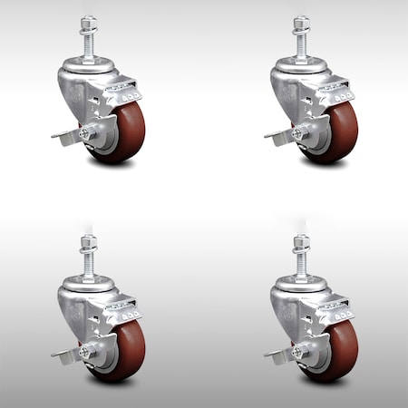 Service Caster 3 Inch SS Maroon Polyurethane Swivel 10mm Threaded Stem Caster Set Brake SCC SCC-SSTS20S314-PPUB-MRN-TLB-M1015-4